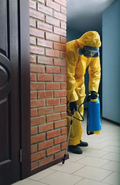 Trabajador Control Plagas Traje Protector Rociando Pesticidas Interiores —  Fotos de Stock