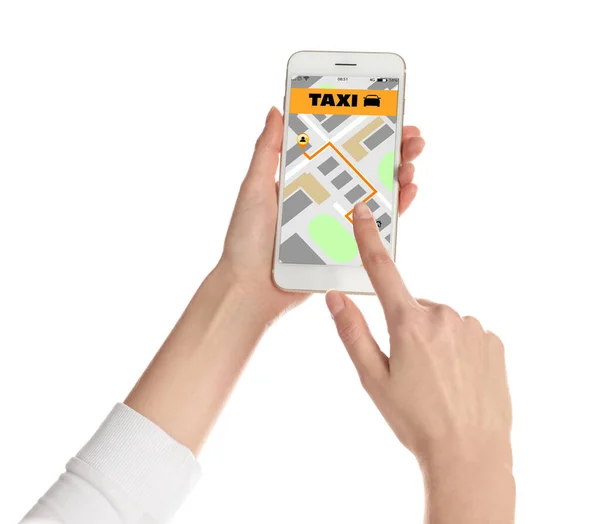 Woman Ordering Taxi Smartphone White Background Closeup — Stock Photo, Image