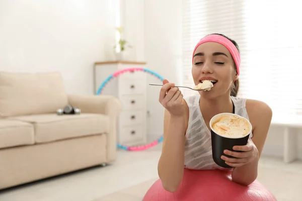 Lazy Young Woman Eating Ice Cream Home Space Text — Stock Photo, Image
