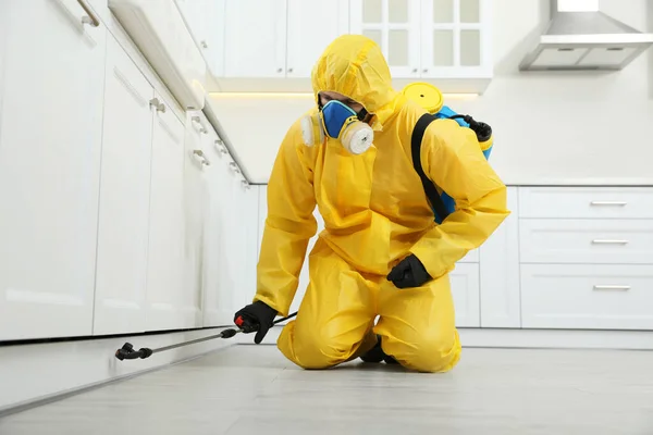 Trabalhador Controle Pragas Terno Protetor Pulverizando Inseticida Móveis Dentro Casa — Fotografia de Stock