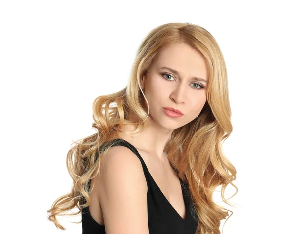 Beyaz Arka Planda Boyalı Uzun Saçlı Güzel Bir Genç Kadının — Stok fotoğraf