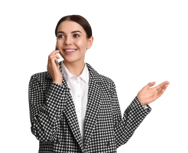 Junge Geschäftsfrau Telefoniert Vor Weißem Hintergrund — Stockfoto