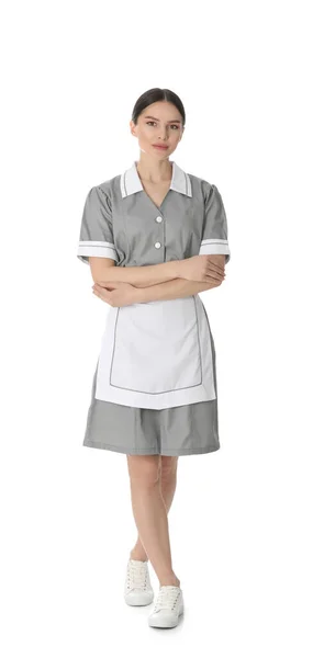 Junges Zimmermädchen Uniform Auf Weißem Hintergrund — Stockfoto