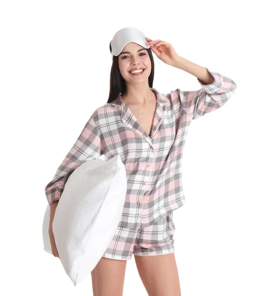 Giovane Donna Con Cuscino Maschera Del Sonno Sfondo Bianco — Foto Stock