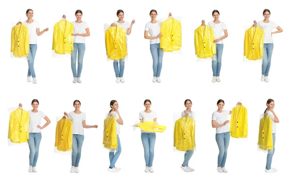 Koláž Ženy Držící Věšák Oblečením Bílém Pozadí Čištění Oděvů — Stock fotografie
