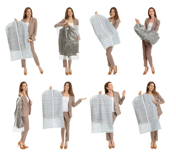 Collage Van Vrouw Met Hanger Met Kleren Witte Achtergrond Chemisch — Stockfoto
