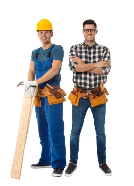 Bonitos Carpinteiros Sobre Fundo Branco Trabalhadores Profissionais — Fotografia de Stock