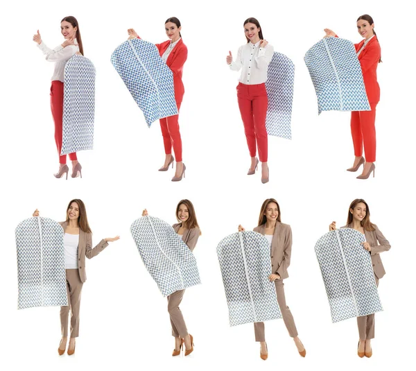 Collage Women Holding Hangers Clothes White Background Dry Cleaning Service — Stock Photo, Image