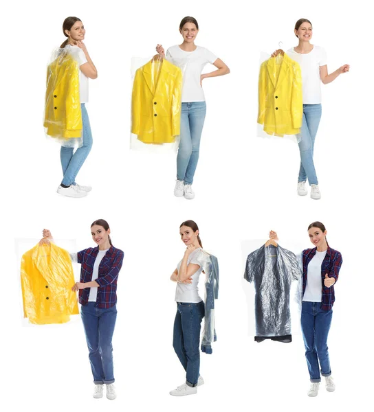 Collage Femmes Tenant Des Cintres Avec Des Vêtements Sur Fond — Photo