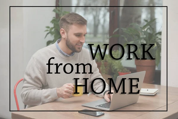 Young Man Using Laptop Table Room Work Home — Stock Photo, Image