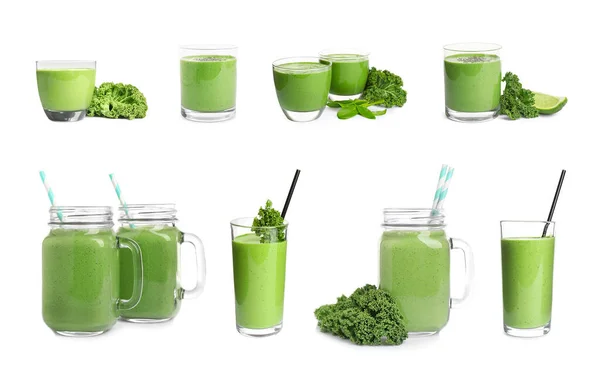 Σετ Νόστιμα Φρέσκα Smoothie Kale Λευκό Φόντο — Φωτογραφία Αρχείου