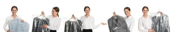 Collage Woman Holding Hanger Clothes White Background Dry Cleaning Service — Stock Photo, Image