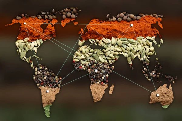 Podwójna Ekspozycja Mapy Świata Różnych Przypraw Zamazanym Tle Koncepcja Logistyczna — Zdjęcie stockowe