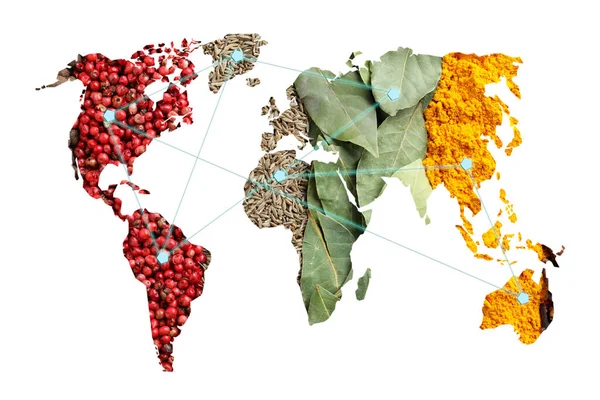 白い背景に世界地図と異なるスパイスの二重暴露 卸売の概念 — ストック写真