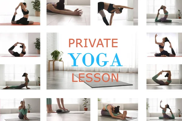 Colaj Femei Care Practică Diferite Poziții Text Clase Private Yoga — Fotografie, imagine de stoc