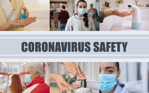 Kollázs Különböző Fotókkal Szentelt Coronavirus Járvány Légy Biztonságban — Stock Fotó