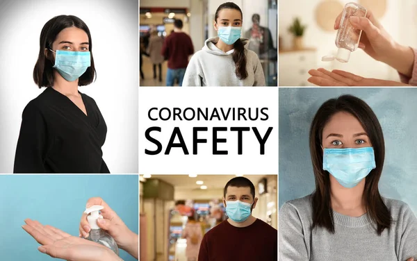 Kollázs Különböző Fotókkal Szentelt Coronavirus Járvány Légy Biztonságban — Stock Fotó