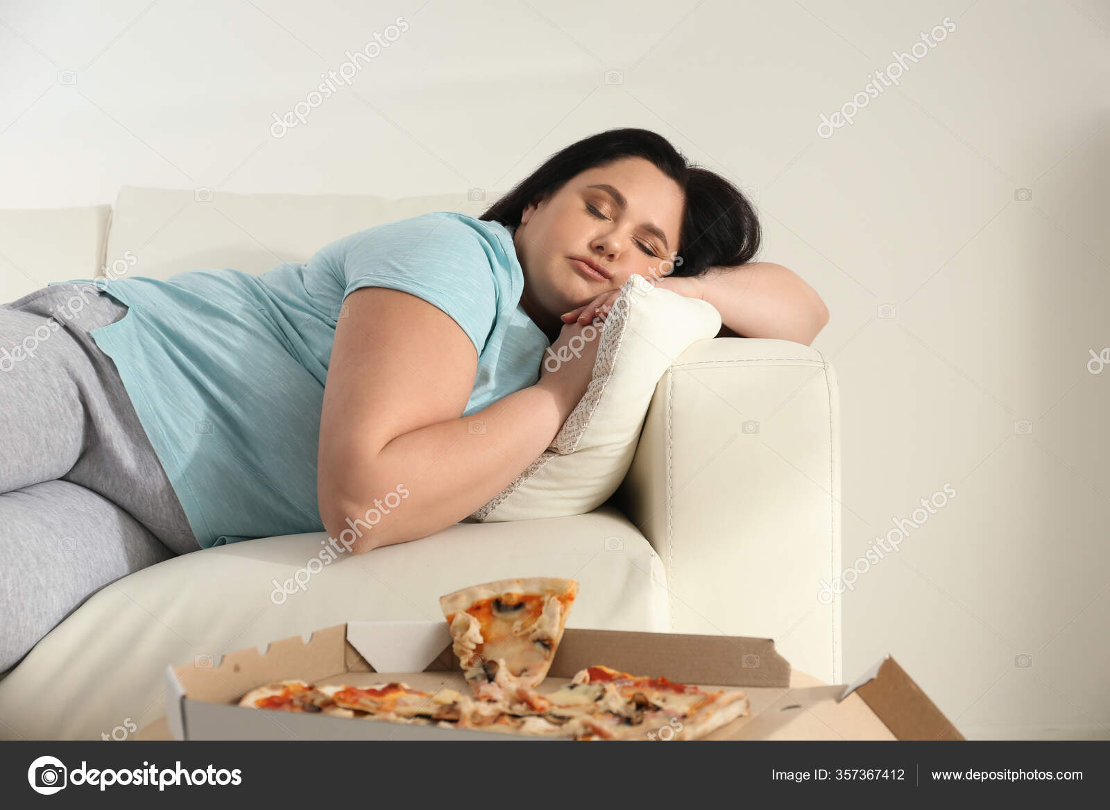 Lazy Overweight Woman Resting Pizza Table Home Stock Photo by ©NewAfrica  357367412