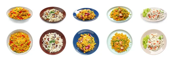 Colagem Delicioso Pilaf Com Diferentes Ingredientes Sobre Fundo Branco Design — Fotografia de Stock