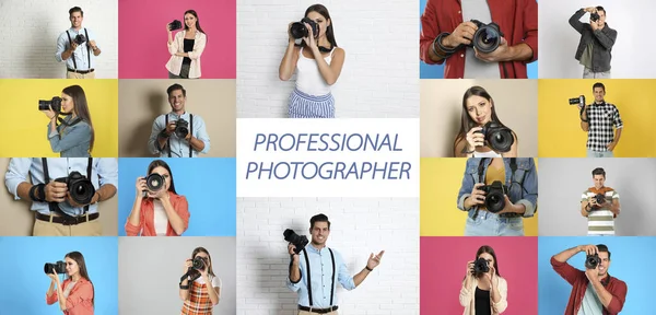 Collage Diferentes Personas Con Cámaras Texto Fotógrafo Profesional — Foto de Stock