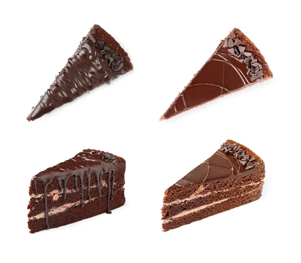 Set Con Diferentes Piezas Pastel Chocolate Sobre Fondo Blanco —  Fotos de Stock