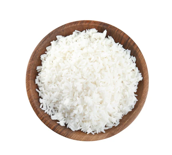 Tigela Madeira Com Arroz Cozido Isolado Branco Vista Superior — Fotografia de Stock