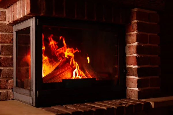 Cheminée Avec Bois Brûlant Intérieur Vacances Hiver — Photo