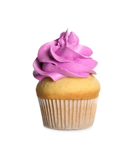 Bolo Delicioso Decorado Com Creme Violeta Isolado Branco Doce Aniversário — Fotografia de Stock