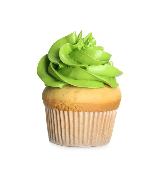 Heerlijke Cupcake Versierd Met Groene Room Geïsoleerd Wit Verjaardagscadeau — Stockfoto
