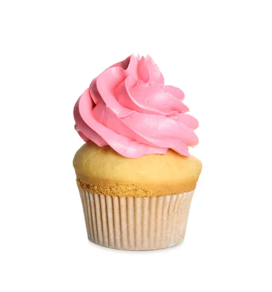 Delicioso Cupcake Decorado Con Crema Rosa Aislada Blanco Regalo Cumpleaños — Foto de Stock