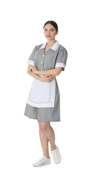 Unga Chambermaid Uniform Vit Bakgrund — Stockfoto