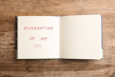 Defteri ahşap masanın üstünde aç, üst manzara. Coronavirüs salgını sırasındaki karantina günleri sayılıyor 