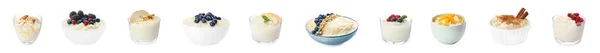 Set Diferentes Deliciosos Puddings Arroz Sobre Fondo Blanco Diseño Banner — Foto de Stock