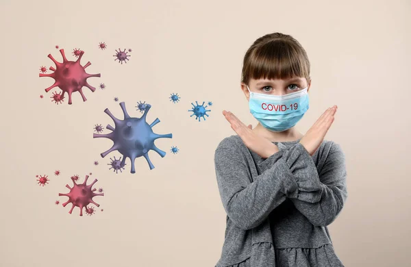 Little Girl Wearing Medical Mask Beige Background Virus Protection — Stock Photo, Image