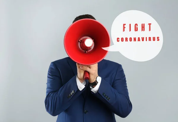 Homme Costume Avec Mégaphone Sur Fond Gris Lutte Contre Coronavirus — Photo