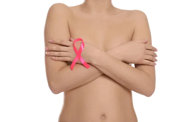 Naken Kvinna Med Rosa Band Vit Bakgrund Närbild Medvetenhet Bröstcancer — Stockfoto
