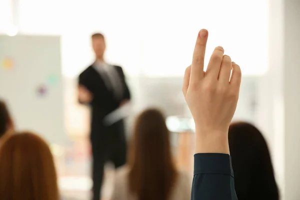 Young Woman Raising Hand Ask Question Business Training Indoors Closeup — Stock Photo, Image