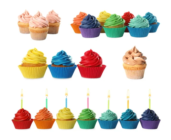 Set Van Heerlijke Verjaardag Cupcakes Witte Achtergrond — Stockfoto