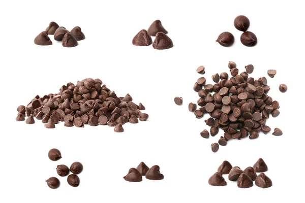 Készlet Ízletes Csokoládé Chips Fehér Háttér — Stock Fotó