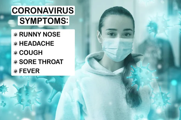 Γυναίκα Ιατρική Μάσκα Εσωτερικούς Χώρους Και Λίστα Των Συμπτωμάτων Coronavirus — Φωτογραφία Αρχείου
