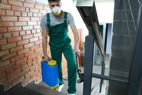 Trabalhador Controle Pragas Pulverizando Pesticida Escadas Dentro Casa — Fotografia de Stock