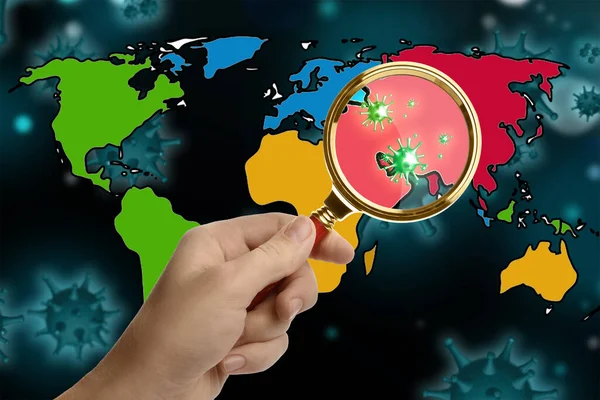 Woman with magnifying glass and illustration of world map, closeup. Coronavirus outbreak