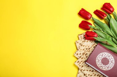 Lezzetli matzolar, Tevrat ve sarı arka planda çiçekler, metin için yeri olan düz bir yer. Hamursuz Bayramı (Pesach) Seder