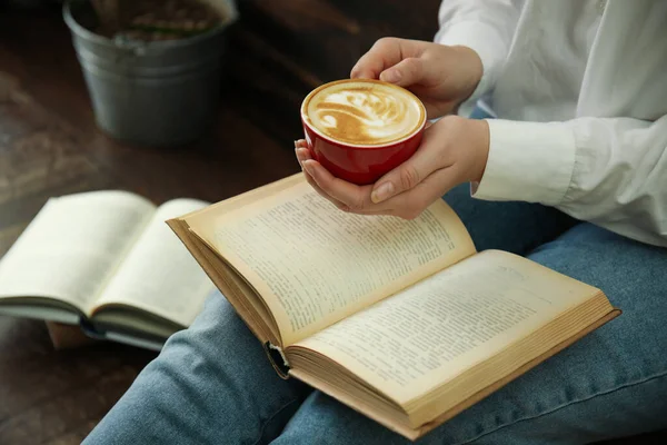 Woman Cup Coffee Reading Book Indoors Closeup — Stock Photo, Image