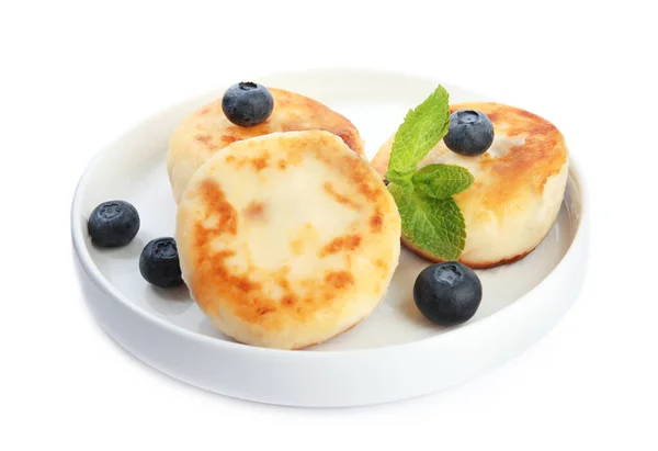 Delicious Cottage Cheese Pancakes Blueberries Mint Isolated White — Stock Photo, Image