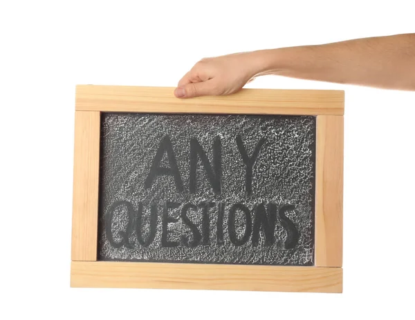 Woman Holding Blackboard Phrase Any Questions White Background Closeup — Stock Photo, Image