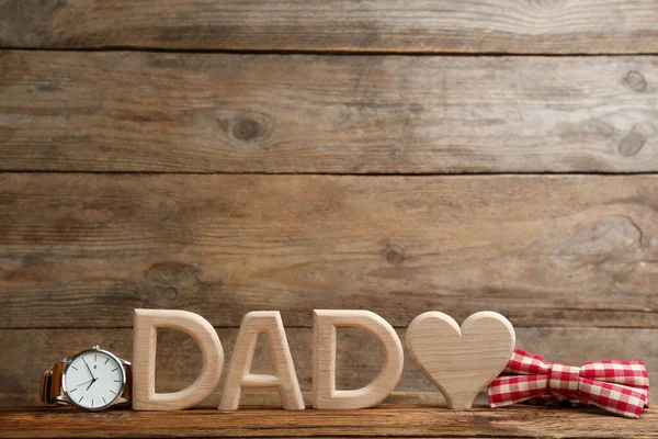 Kompozice Slovem Dad Srdcem Dřevěném Pozadí Prostor Pro Text Šťastný — Stock fotografie