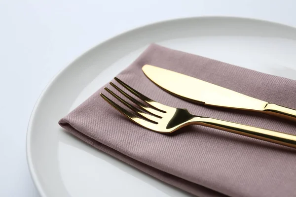 Stylish Elegant Cutlery Napkin Plate White Background Closeup — Stock Photo, Image