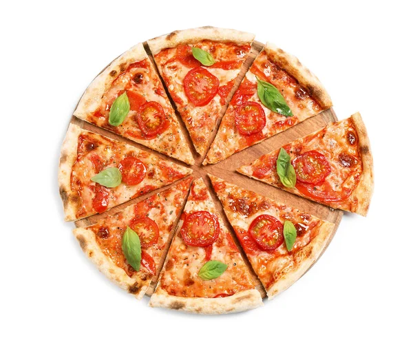 Deliciosa Pizza Quente Margherita Isolado Branco Vista Superior — Fotografia de Stock