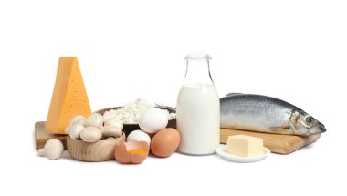 Beyaz zemin üzerinde D vitamini bakımından zengin yeni ürünler